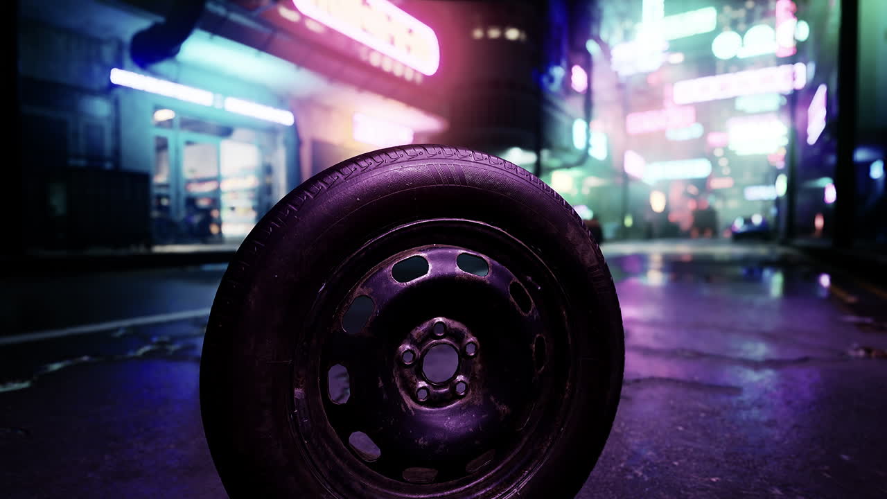 neumático de repuesto en una calle oscura de la ciudad por la noche