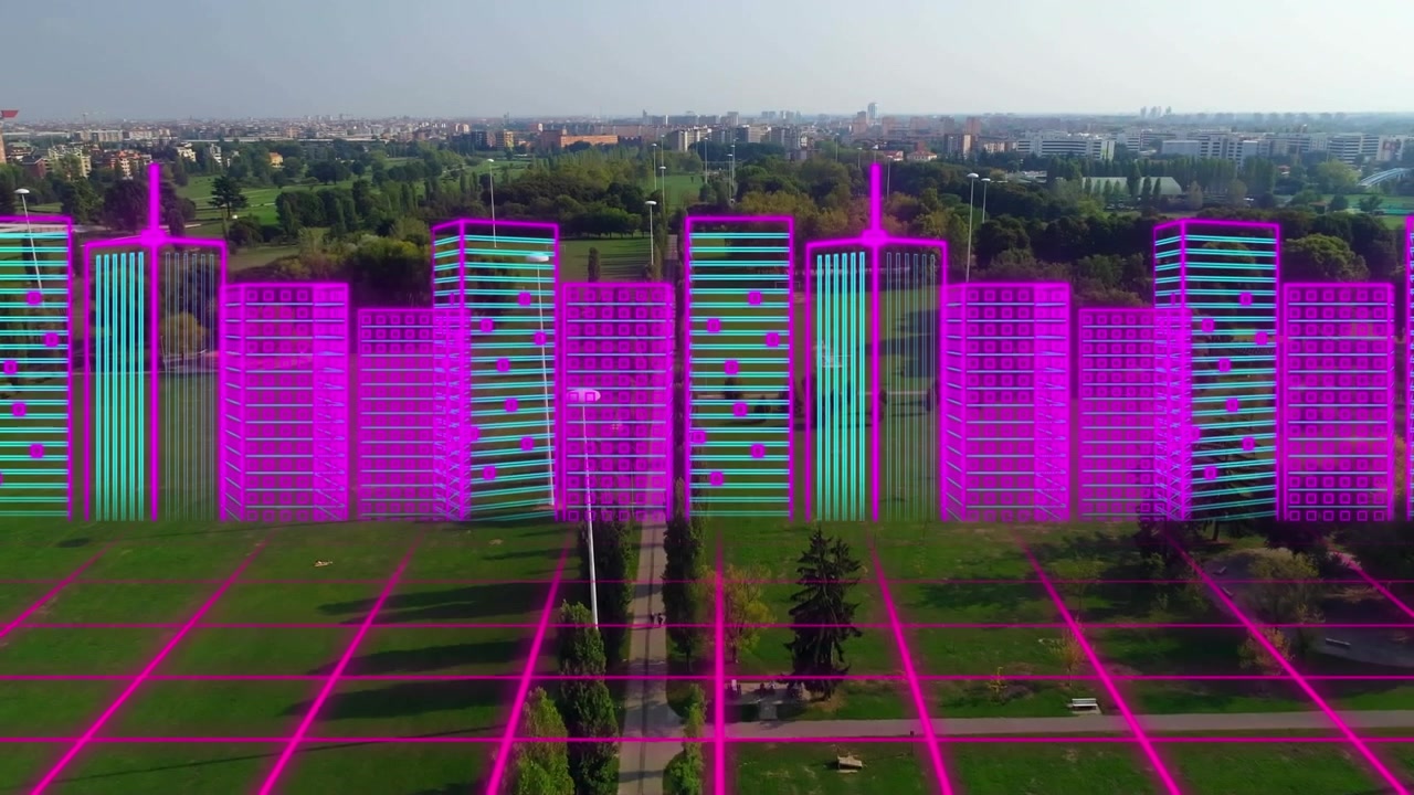Animação de modelo 3D de cidade em neon sobre rede em grade, contra vista aérea de jardim.