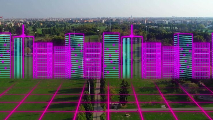 Animação de modelo 3D de cidade em neon sobre rede em grade, contra vista aérea de jardim.