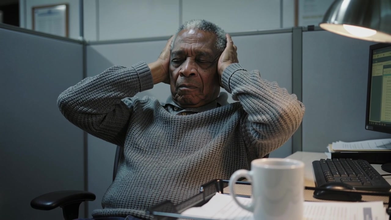 Reacting to loud office noise, man in grey sweater covering ears at cubicle desk, with mug