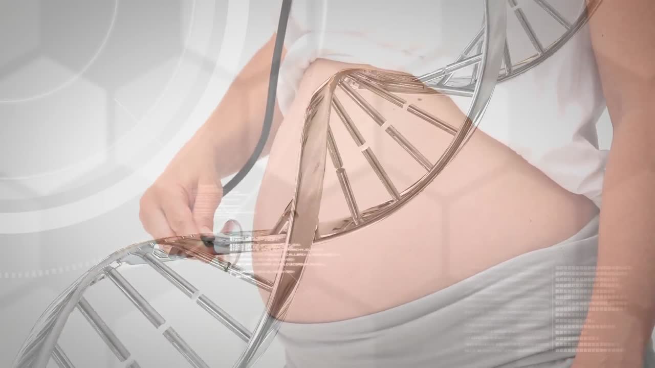 임산부의 중간 부분을 가로지르는 3차원 dna 가닥의 애니메이션