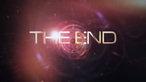 the end futuristic cinematic sci-fi stock video footage. 4k 3d rendering title showing the end golden text message with futuristic technology motion background with flash light and shock wave burst.