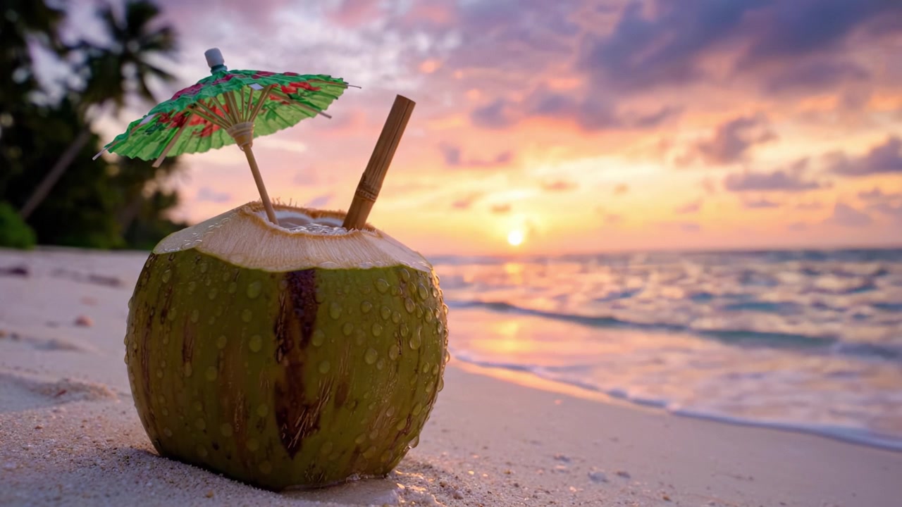 Una Rinfrescante Bevanda al Cocco con Ombrellino su una Spiaggia Tropicale al Tramonto, Evidenziando la Bellezza e la Serenità della Natura in uno Scenario Oceanico Calmo