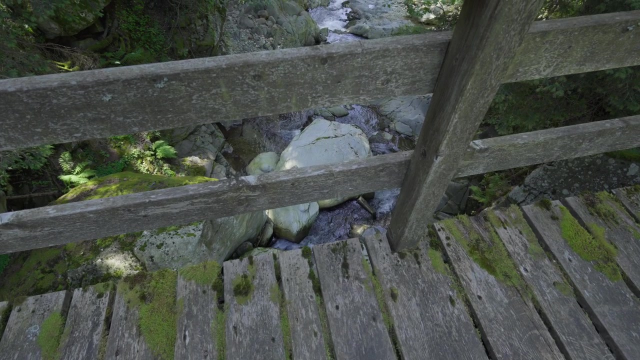 Overlooking from wooden bridge a rocky stream on a hiking trail Italian Alps region