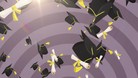 múltiples iconos de graduación y diploma que caen contra múltiples círculos en un fondo púrpura