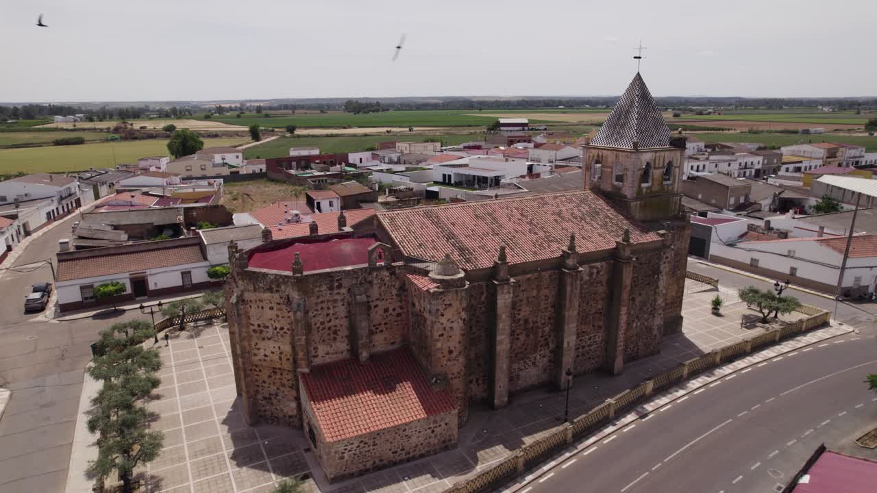 Aerial: Parroquia De Santiago Ap&oacute;stol in Torremayor village, Spain