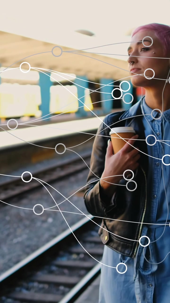 Animation of network of connections over woman drinking coffee