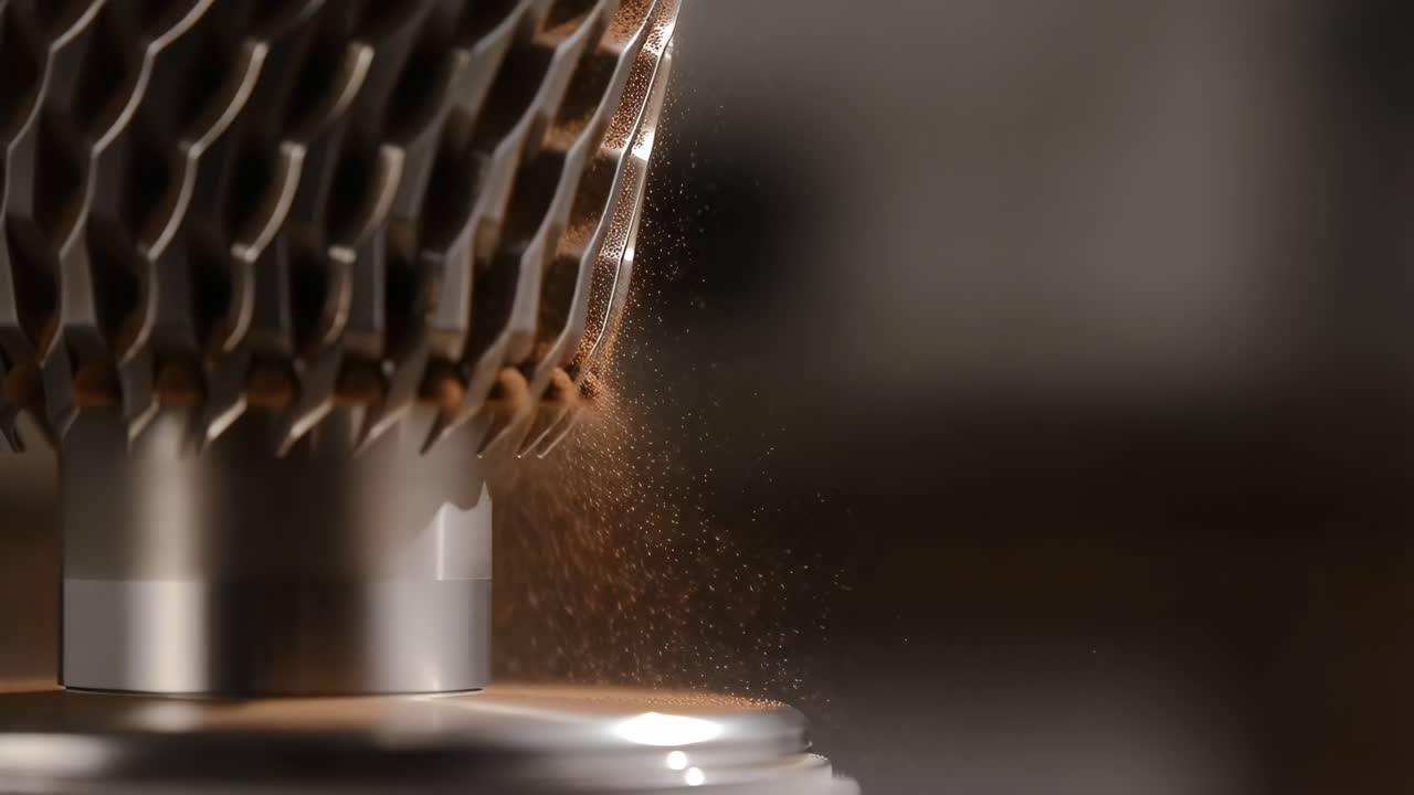 Close-up of Coffee Grinder in Action, Dispensing Freshly Ground Coffee