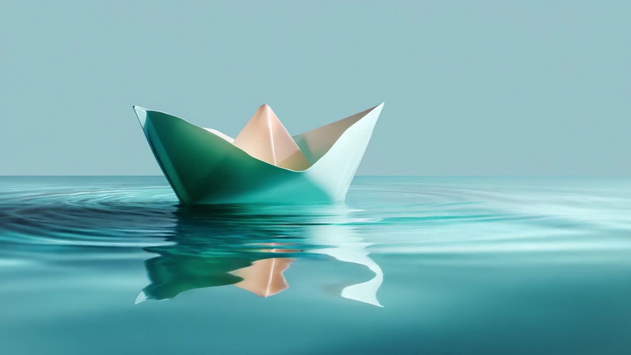 A serene origami boat gently floats on calm waters, creating ripples that reflect the soft colors of the surrounding environment, encapsulating peace and tranquility in nature
