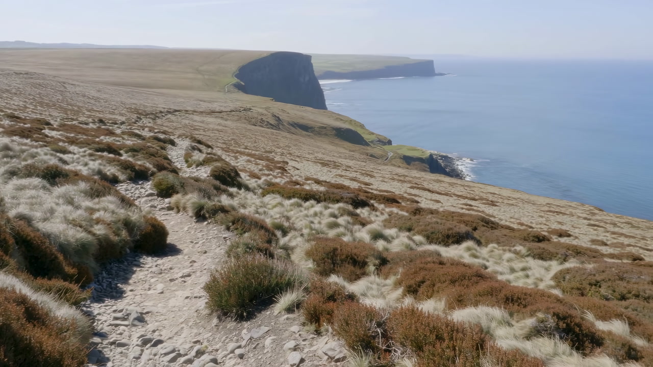 Coastal Cliff Path Overlooking Blue Sea, Rolling Moor Dotted With Windswept Heather And Grass, Narrow Sandy