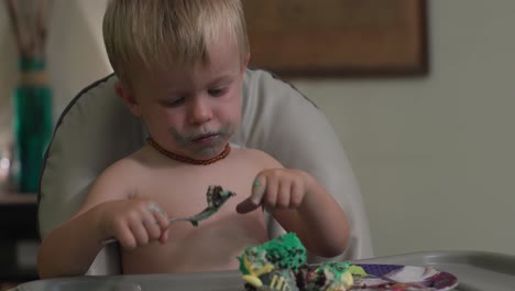toddler boy enjoying a messy birthday cake