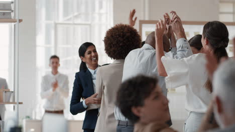 happy business people celebrating successful corporate victory colleagues high five in office meeting enjoying winning success