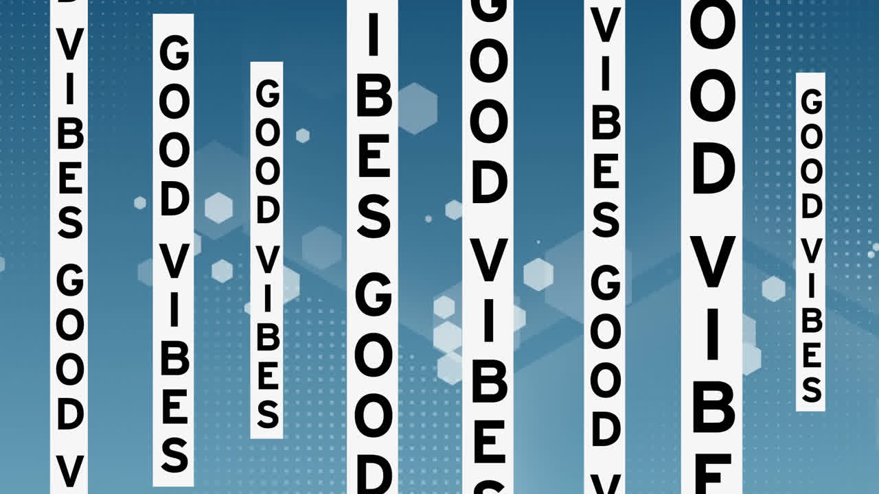 Animation of good vibes text over geometrical shapes on blue background