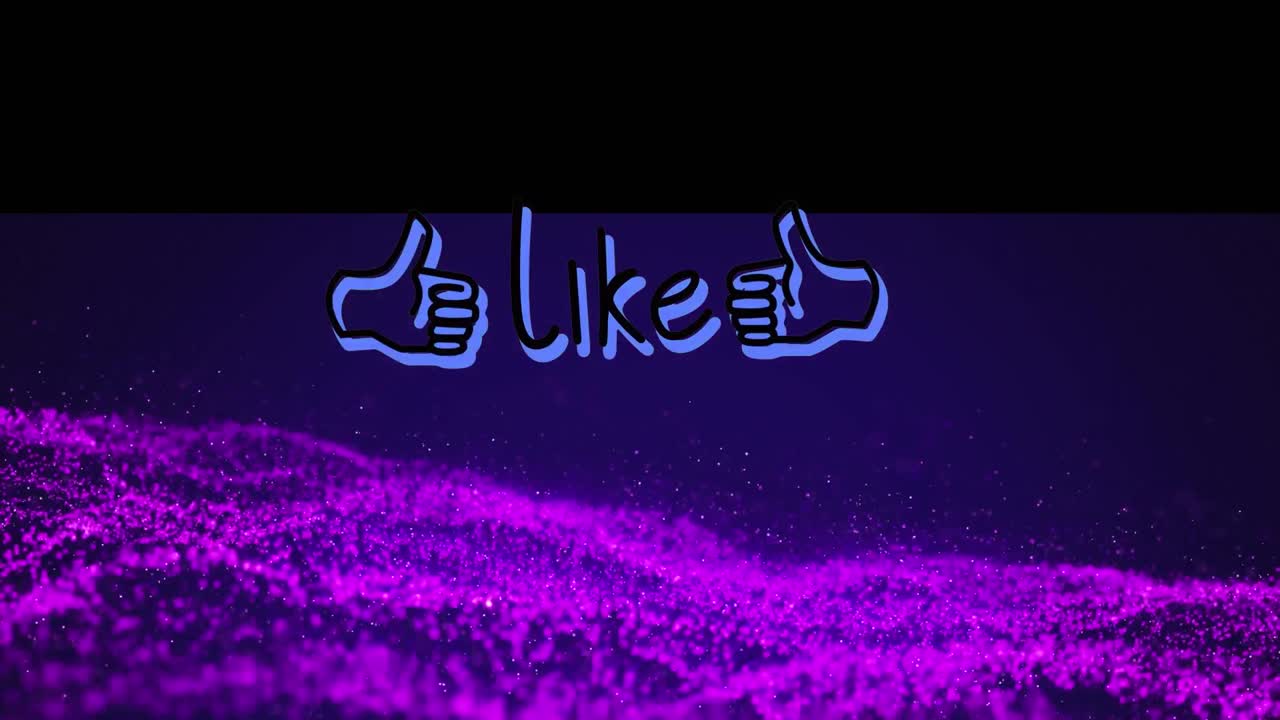 Animazione del testo "like" con pollici in su e puntini che formano un motivo a onda su sfondo astratto