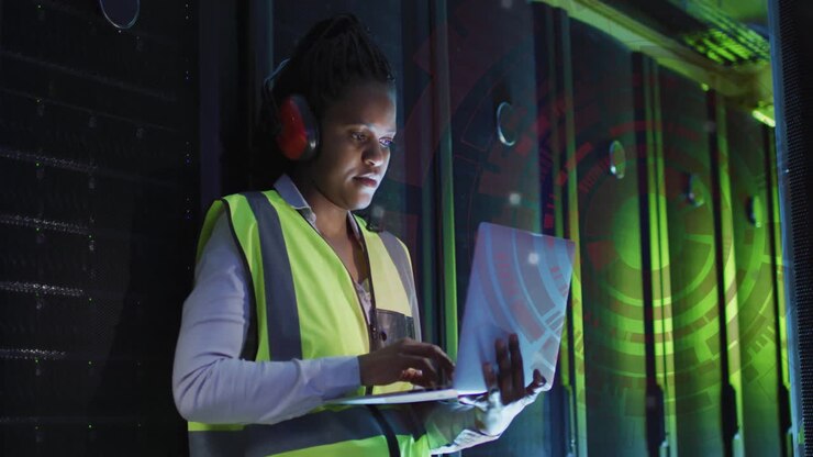 Animation of digital data processing over african american it female engineer by computer servers
