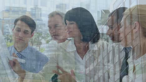 Animation-of-multiracial-colleagues-discussing-over-whiteboard-in-office-and-buildings-in-city