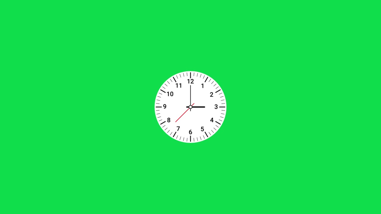 Quadrante di orologio analogico che gira rapidamente su sfondo schermo verde