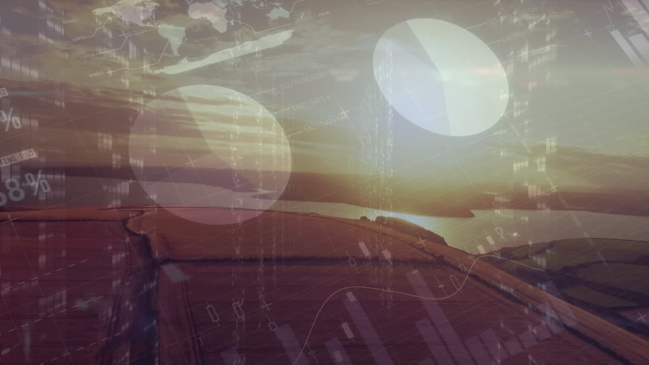 animación del procesamiento de datos estadísticos sobre una vista aérea de los campos agrícolas