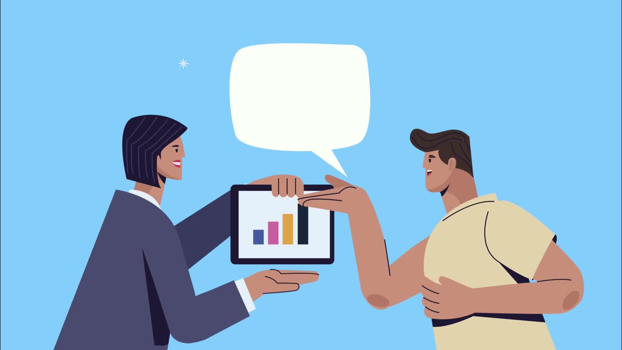 young couple with statistics in tablet