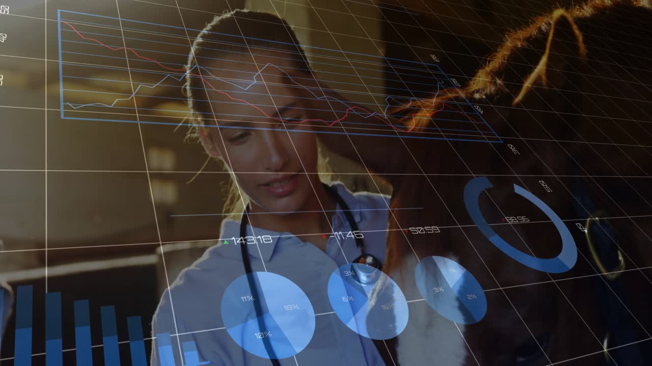 Female veterinarian entering barn placing stethoscope on horse monitoring vitals with data graphs