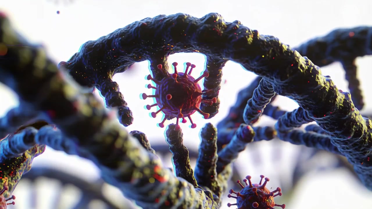 Advancing camera framing gap in textured helix in microscopic CGI, virus particle entering rung gap