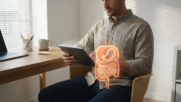 Seated man holding tablet with glowing digestive system overlay in home interior