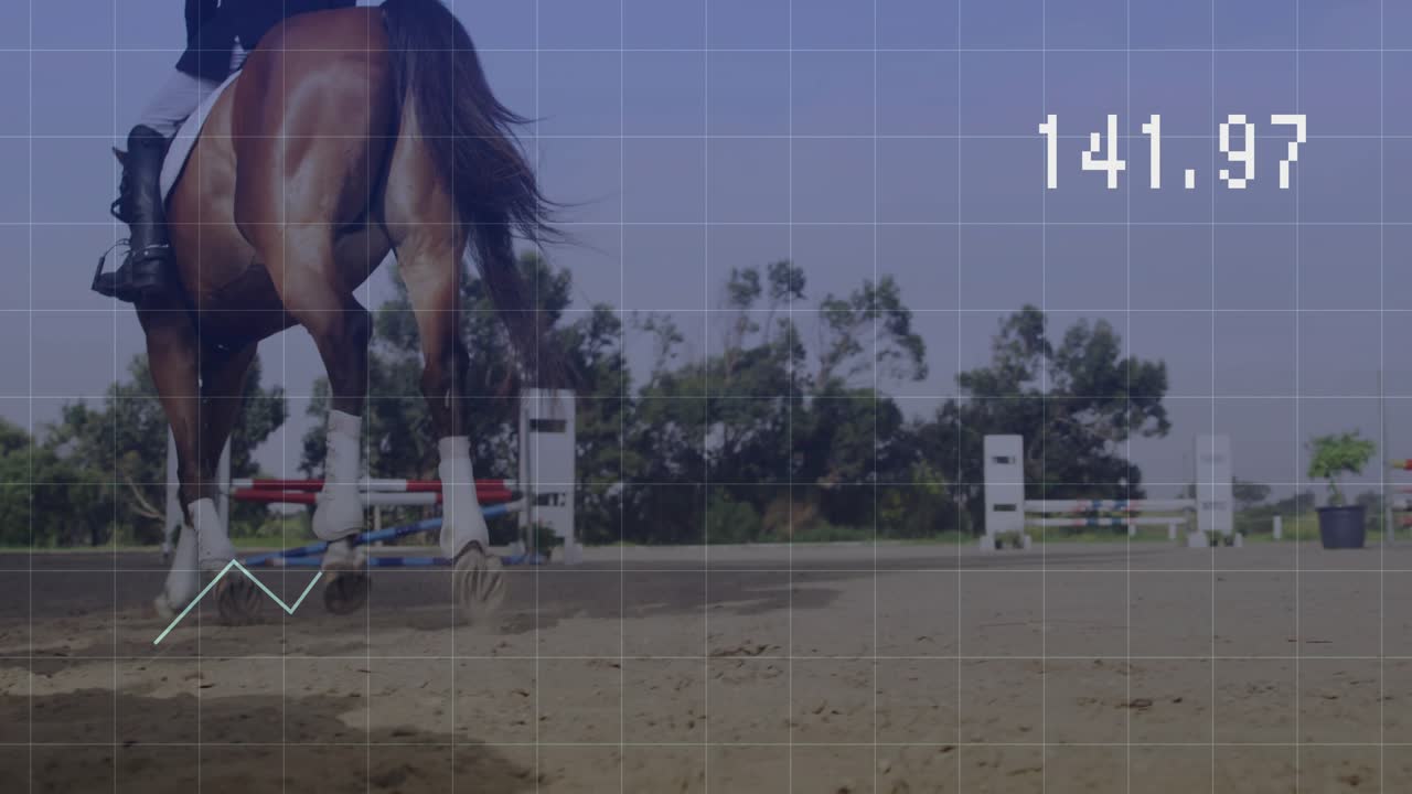 Male rider on horse trotting into cantering, hooves striking updating graph tracking force