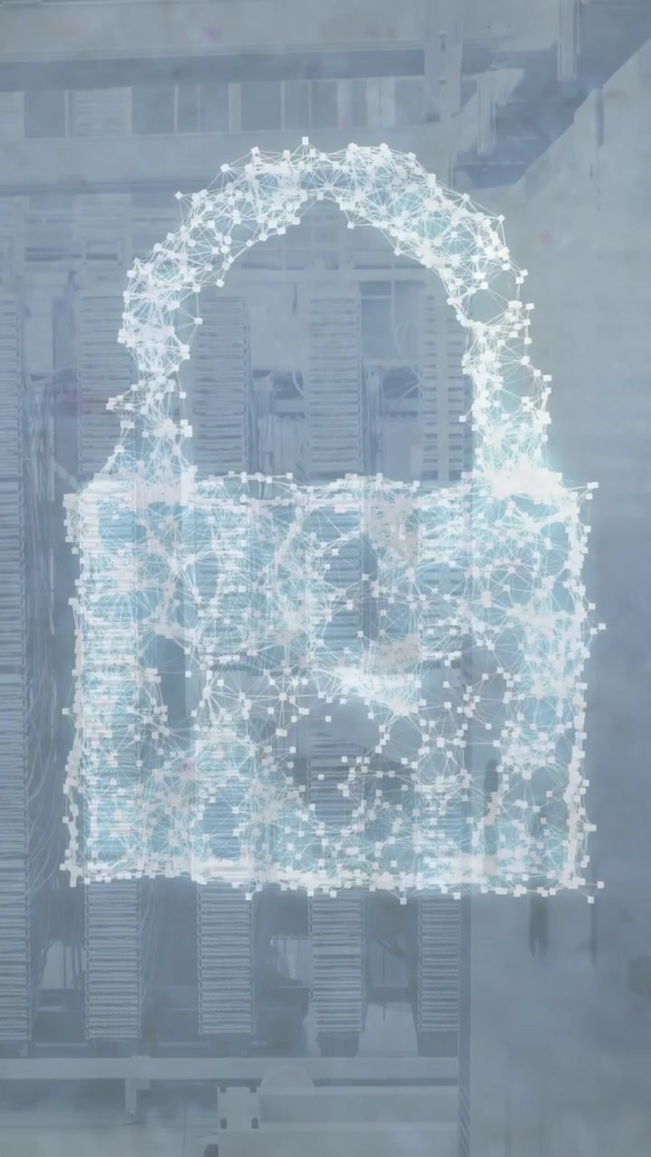 Animation of network of connections forming a cloud icon, security shield icon against server room