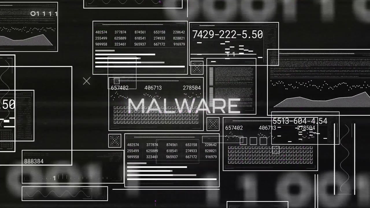 Åbningsramme MALL skifter til MALWARE, paneler dukker op, kredsløb forbinder, viser trusler