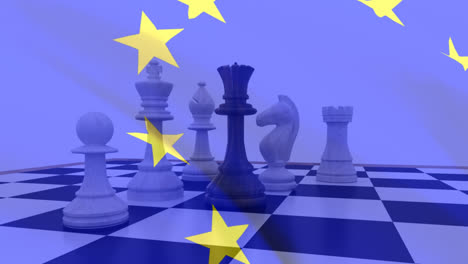 bandera de la ue ondeando sobre el tablero de ajedrez contra el cielo azul