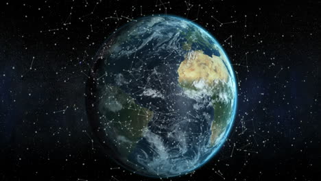 Global networks form a complex web over Earth in a digital technology concept.