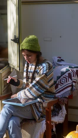 teenage girl working on tablet outdoors near camper