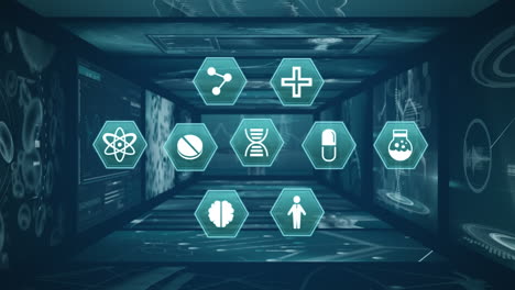 digitally generated video of medical icons and data processing