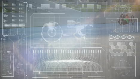 animation of data processing on digital interface over cyclist on recumbent cycle on sports track