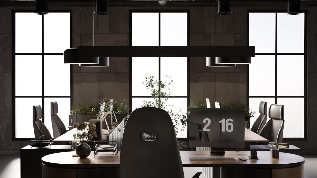 3D render of empty modern office with computers and furniture