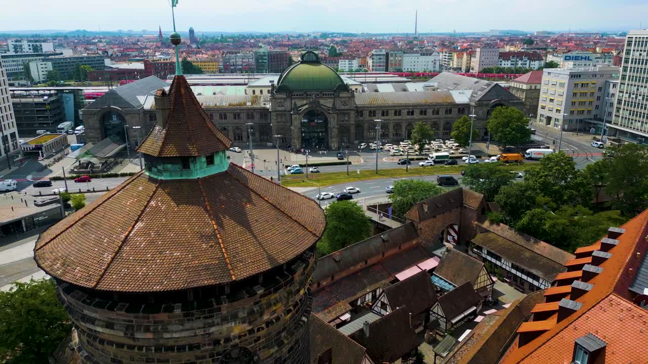 4K Aerial Drone Video of Ancient Women's Gate Tower and Hauptbahnhof Train Station in Downtown Nurnberg, Germany