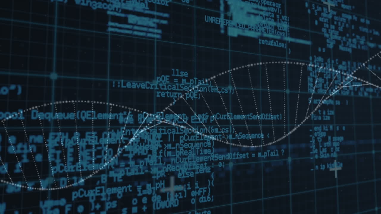 Animation of spinning dna structure and data processing over grid network against black background