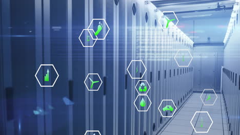 animation of processing data, ecology and energy icons over computer server room