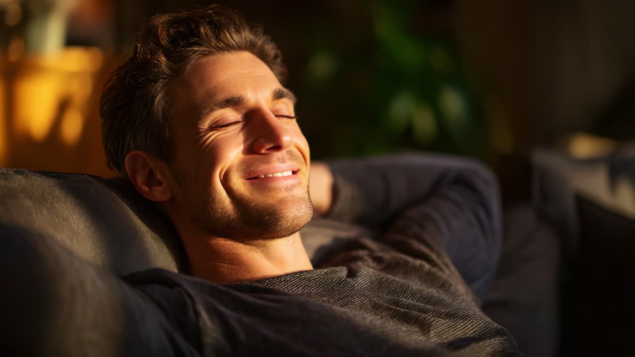 Un hombre relajado disfruta de un momento de paz mientras se empapa de la cálida luz del sol, lo que aporta una sensación de calma y satisfacción en su cómodo entorno