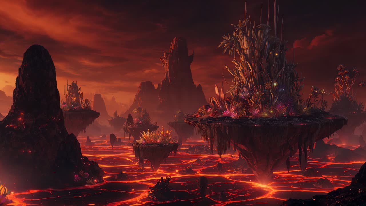 Displaying floating rock platform glowing with crystalline flora at volcanic wasteland, copy space