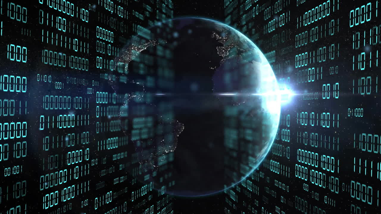 Animation of binary coding data processing over globe