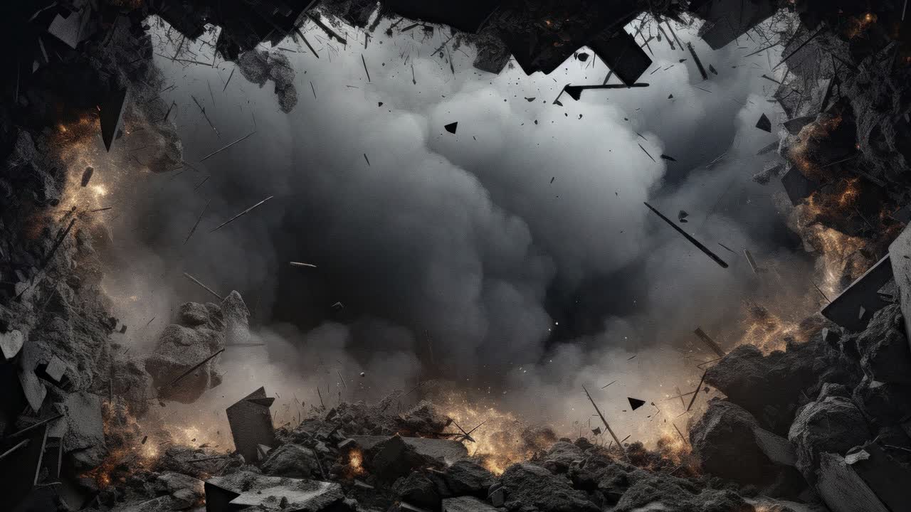 Dynamic explosion scene with debris flying, captured from a low-angle