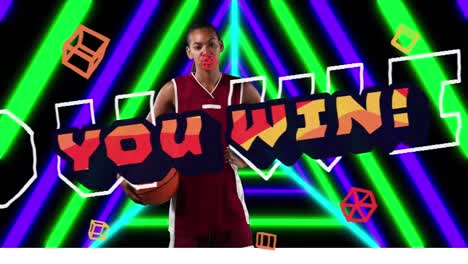 animación de usted ganar texto con afroamericana jugadora de baloncesto sobre formas de neón.