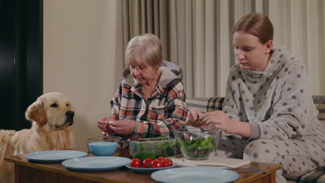 grandmother and granddaughter preparing a salad with a dog