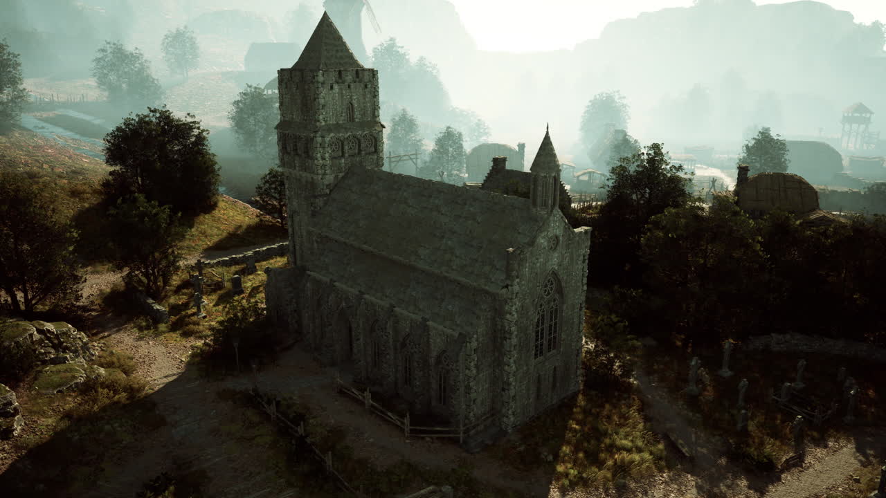 una iglesia de piedra en un pueblo con un cementerio