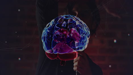 male researcher raising chin in lab, examining smartwatch tech data icons with holographic brain