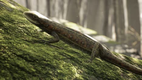 a viviparous lizard stands on a stone overgrown with moss in the morning forest. a lizard standing on a stone in a typical habitat. looping animations are for animals, nature, or education.