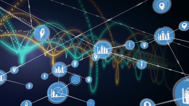 Data processing animation with network connections over colorful abstract background