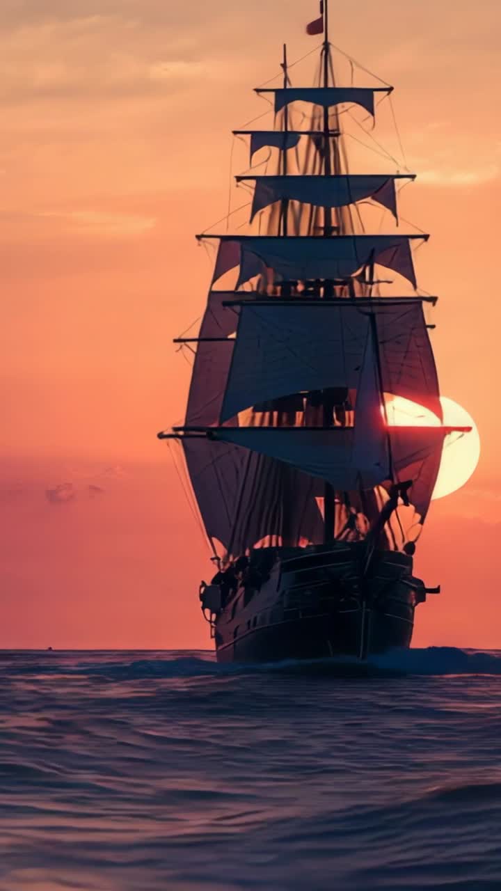 Vertical video: Gliding three-masted vessel approaching across ocean at sunset, with multiple sails