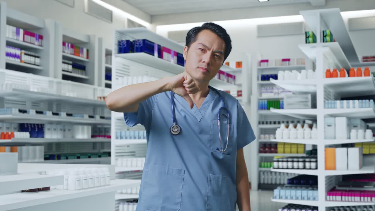 스테토스코프 를 들고 있는 아시아인 남성 의사 가 약국 에 서 있는 동안 엄지손가락 을 내려 놓은 몸짓 을 하고 있다